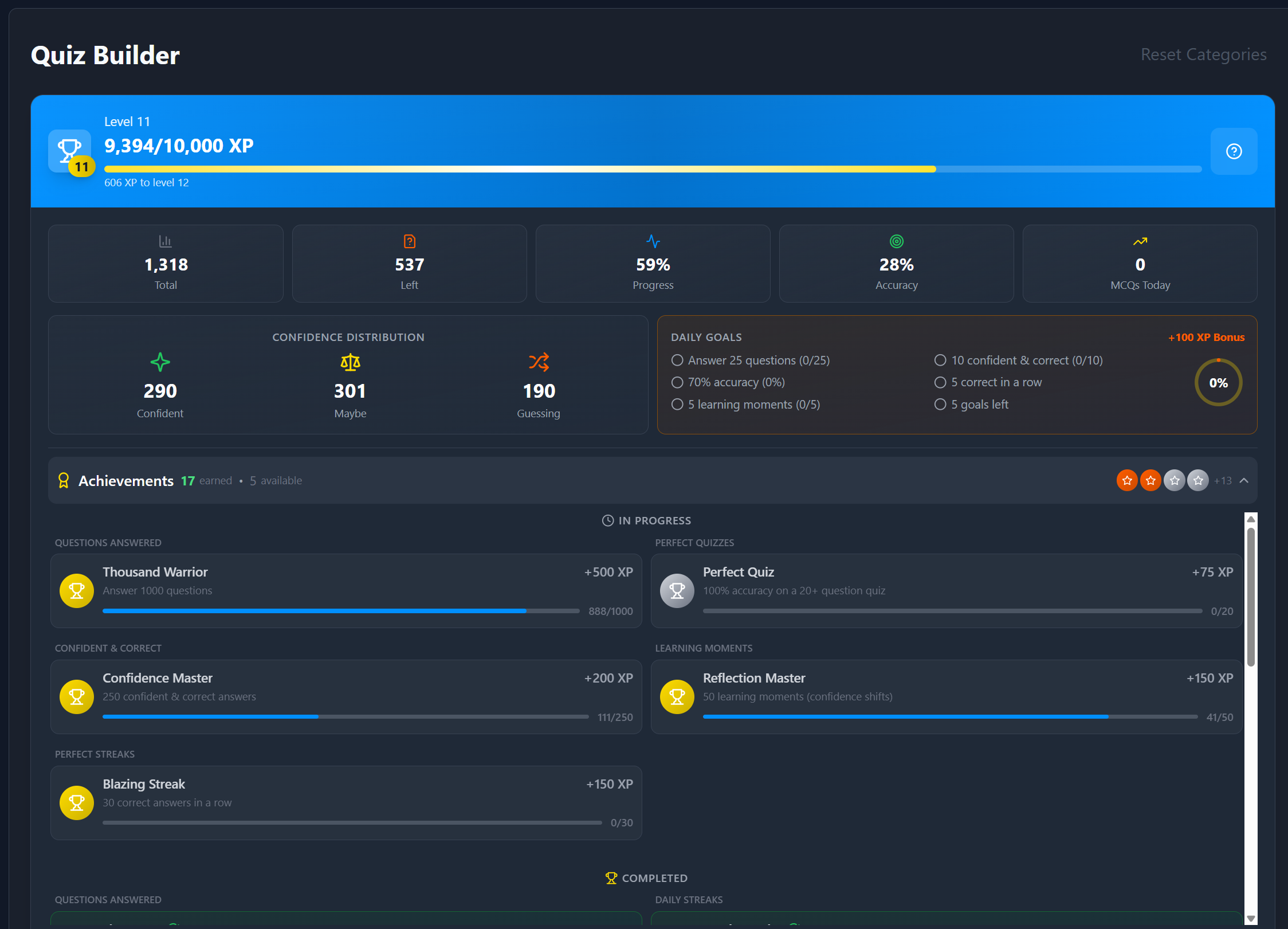 Earn XP to level up and earn achievements